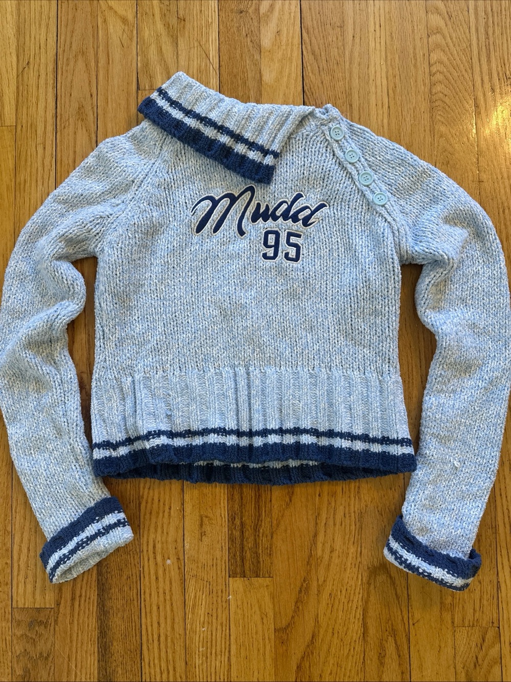 Mudd Light Blue Knit Sweater with Navy Trim and Button Shoulder Y2K Womens